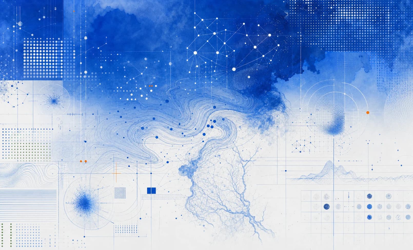 Abstract Rainwater field where fluid cobalt atmosphere meets plotted technical systems