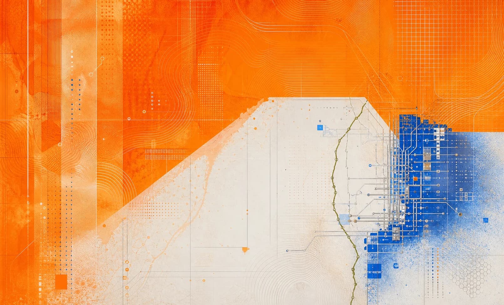 Orange, blue, and mineral-white Rainwater systems artwork